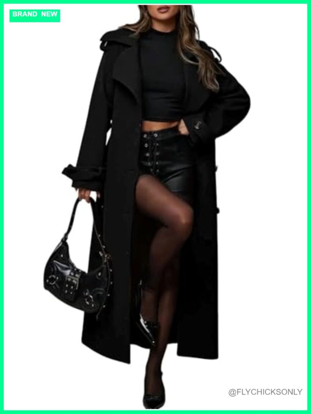 Wool Blend Trench Coat Oversized Notch Lapel Double Breasted Belted Maxi
